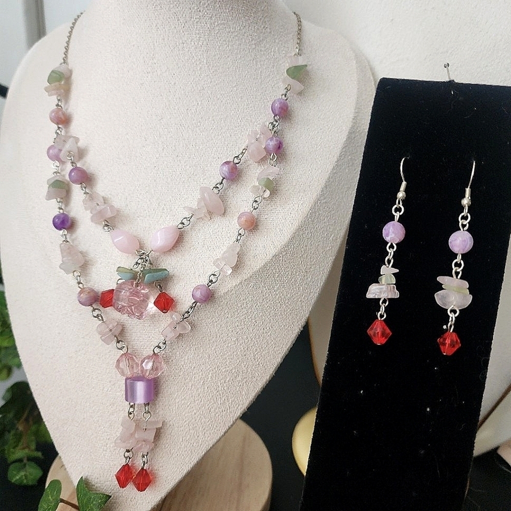 Silver Natural Stone Pink Quartz Glass Acrylic Bead Necklace Earrings Set